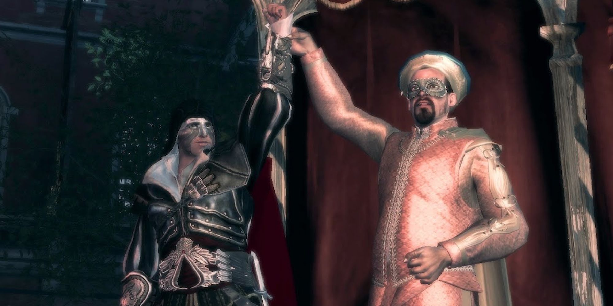 Ezio at the carnival, a games master holding his arm up in victory.