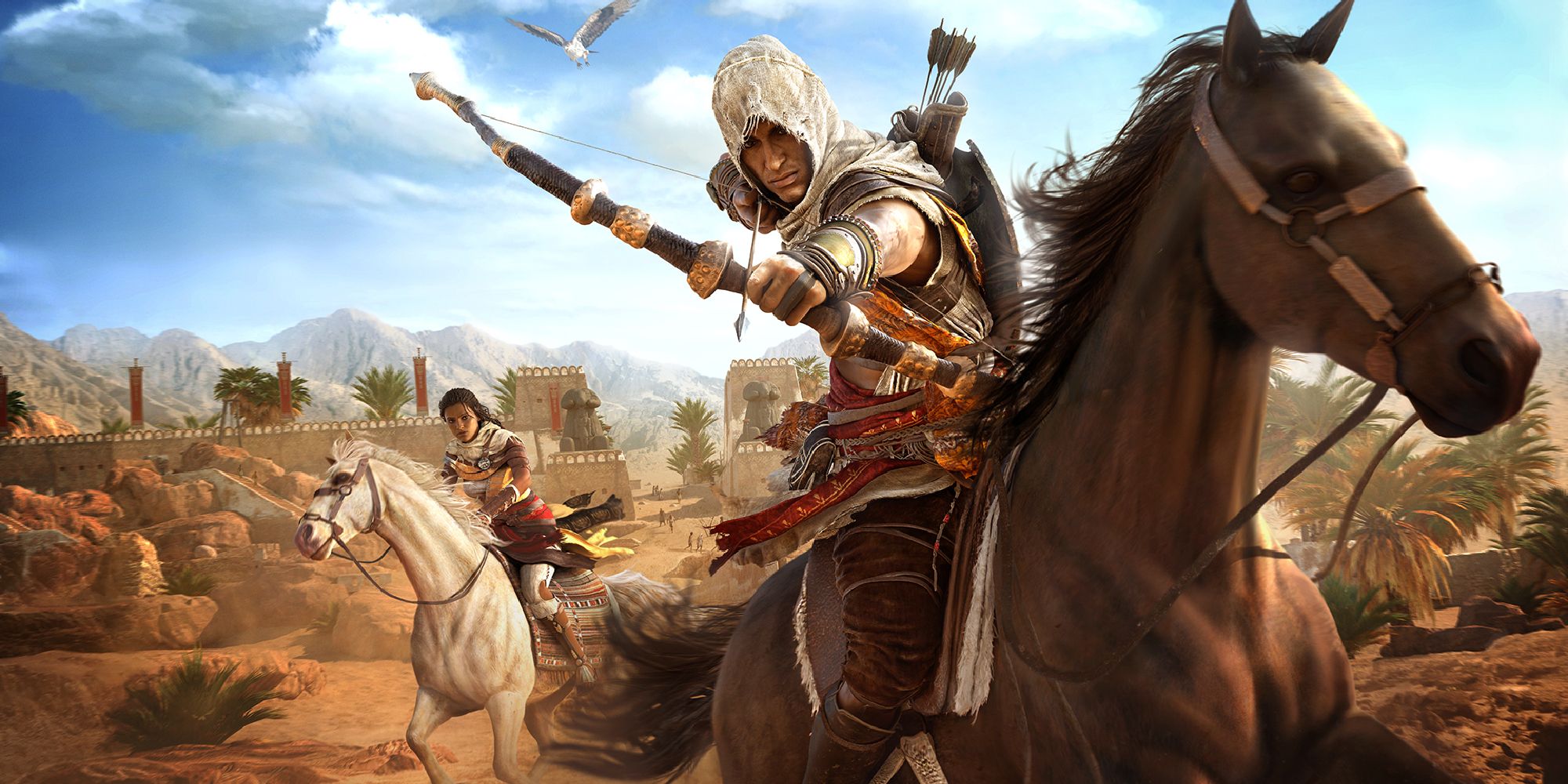 Bayek and Aya riding horseback through the deserts of Egypt with a city in the background. 