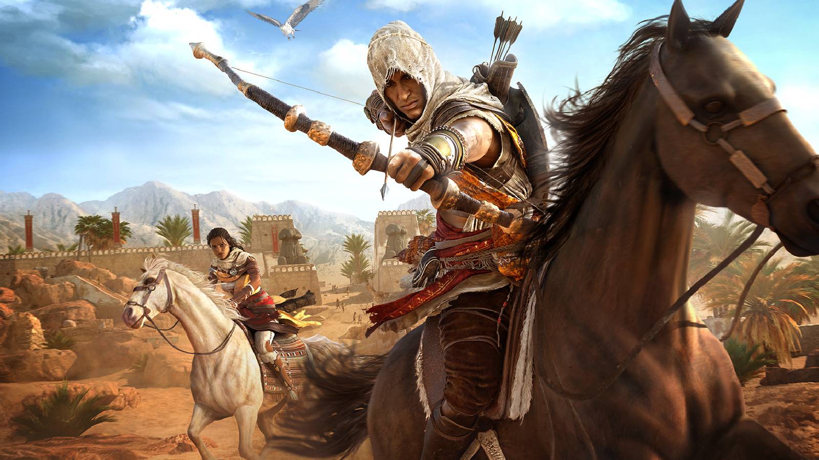 Bayek and Aya riding horseback through the deserts of Egypt with a city in the background. 