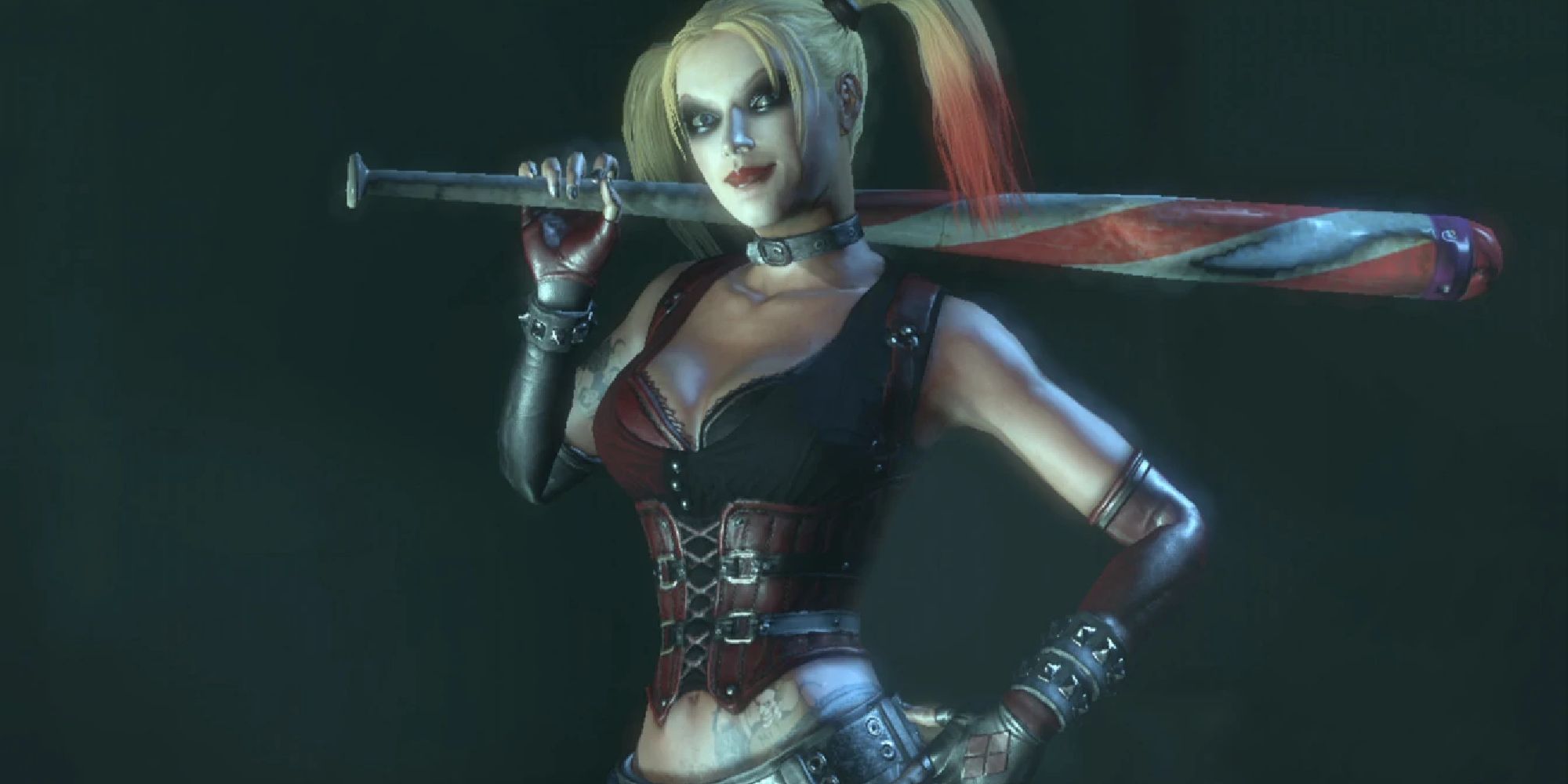 Harley Quinn sporting her red and black look, resting a baseball menacingly on her shoulder even as she grins mockingly.