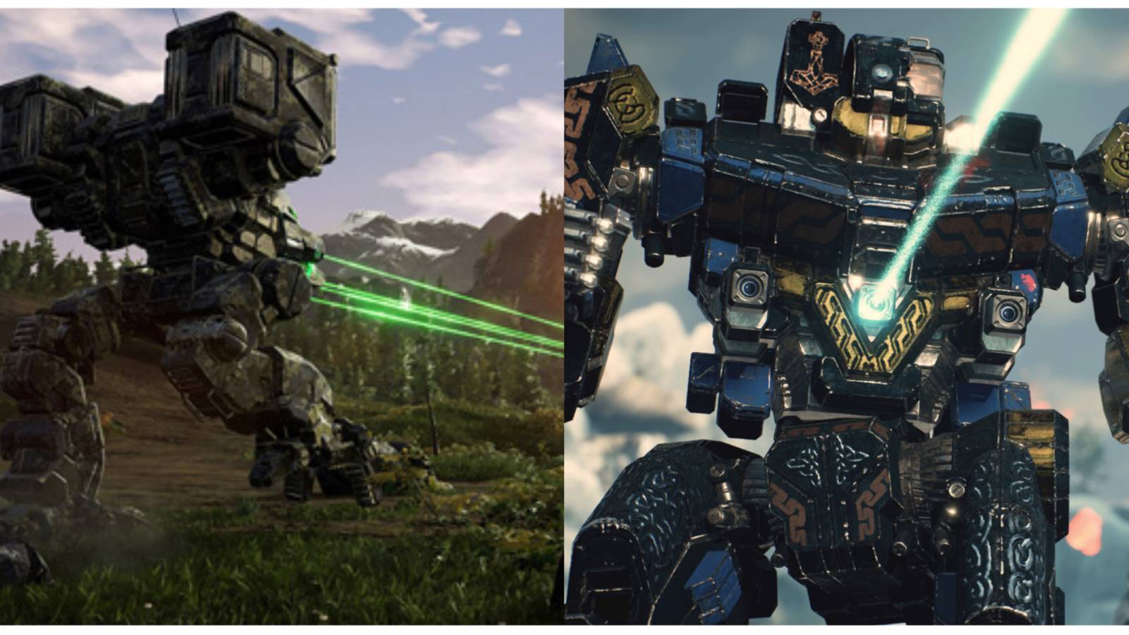 split image of Catapult and Grasshopper in MechWarrior 5: Mercenaries