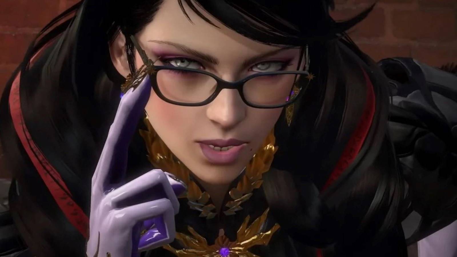 Close up of Bayonetta in a Bayonetta 3 cutscene