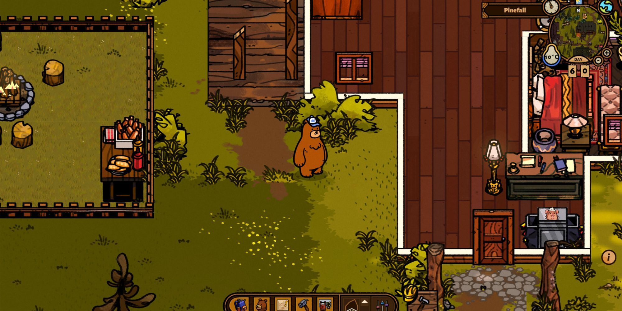 A bear standing outside a building in Bear and Breakfast