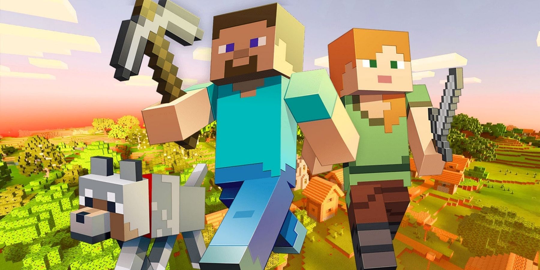 minecraft - promotional image with steve, alex and dog