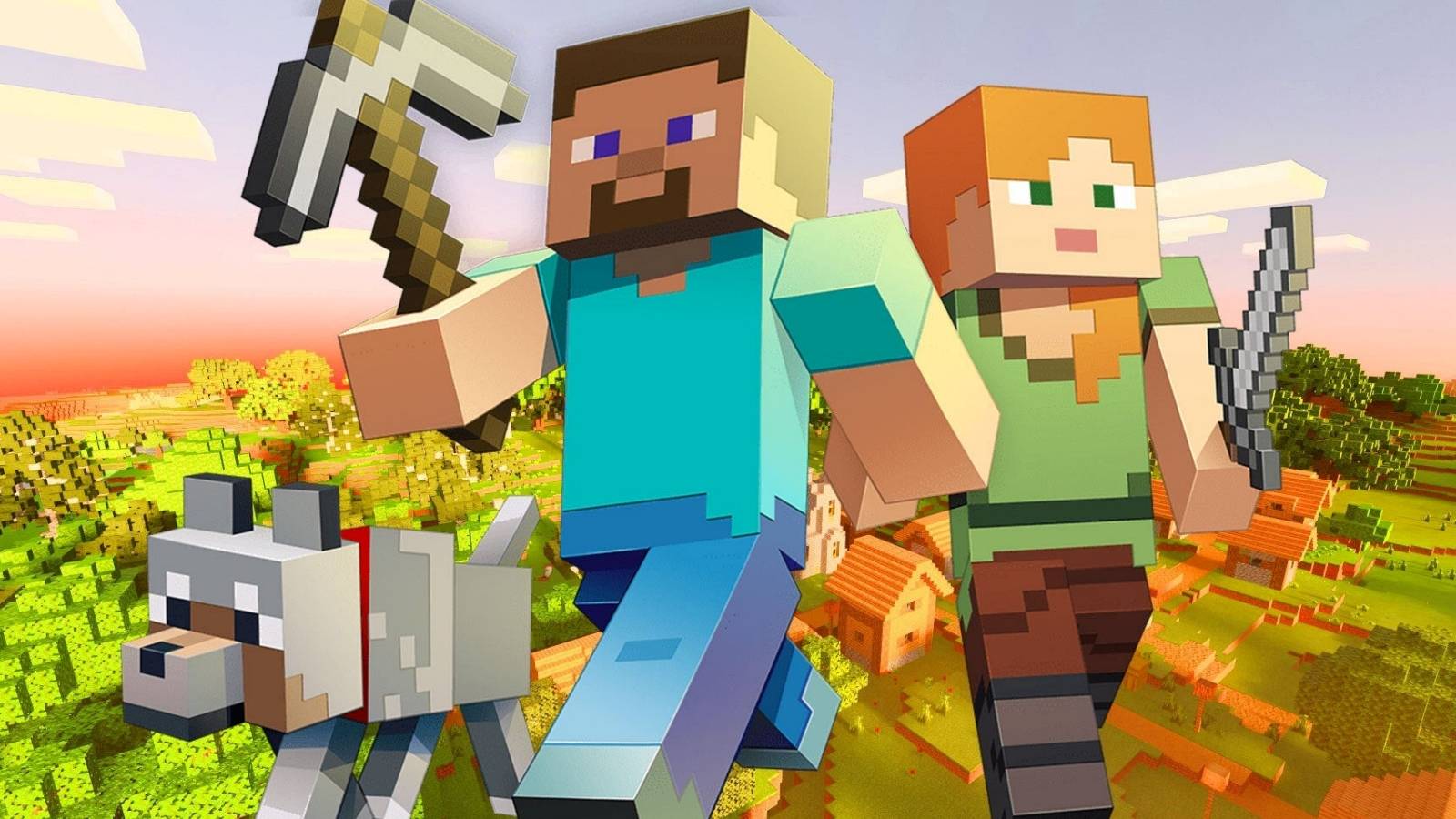 minecraft - promotional image with steve, alex and dog