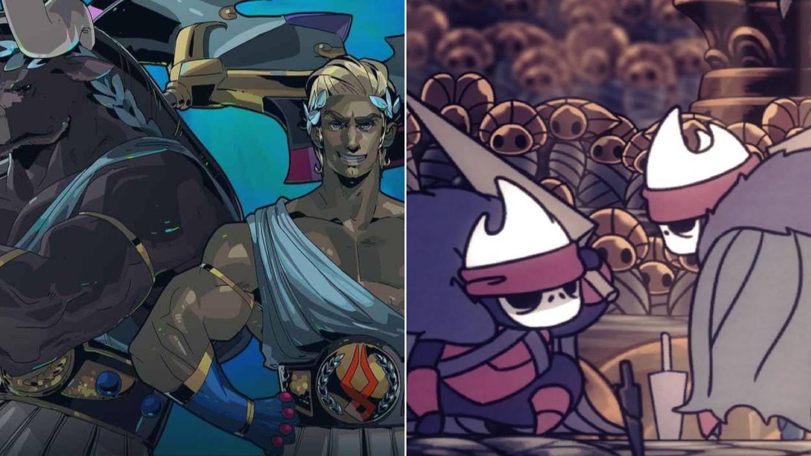 split image of asterius and theseus from hades and brothers oro and mato from hollow knight