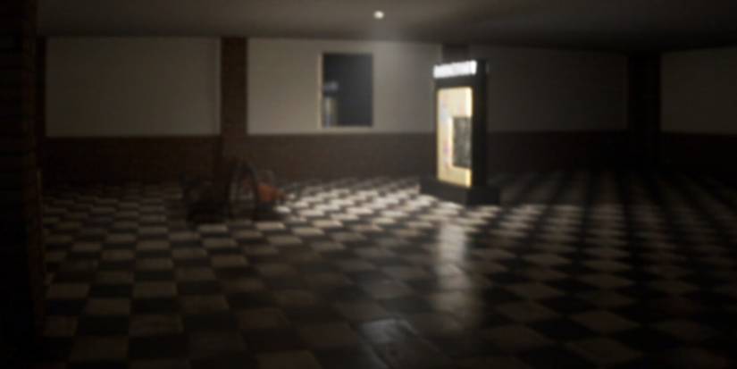 An in0game screenshot of what looks like it could be a train stations waiting room, lit by an electronic advertisement board.