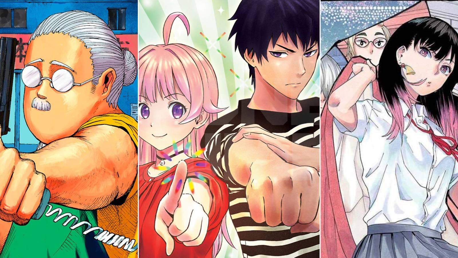 split image of manga cover art from sakamoto days, witch watch and akane banashi