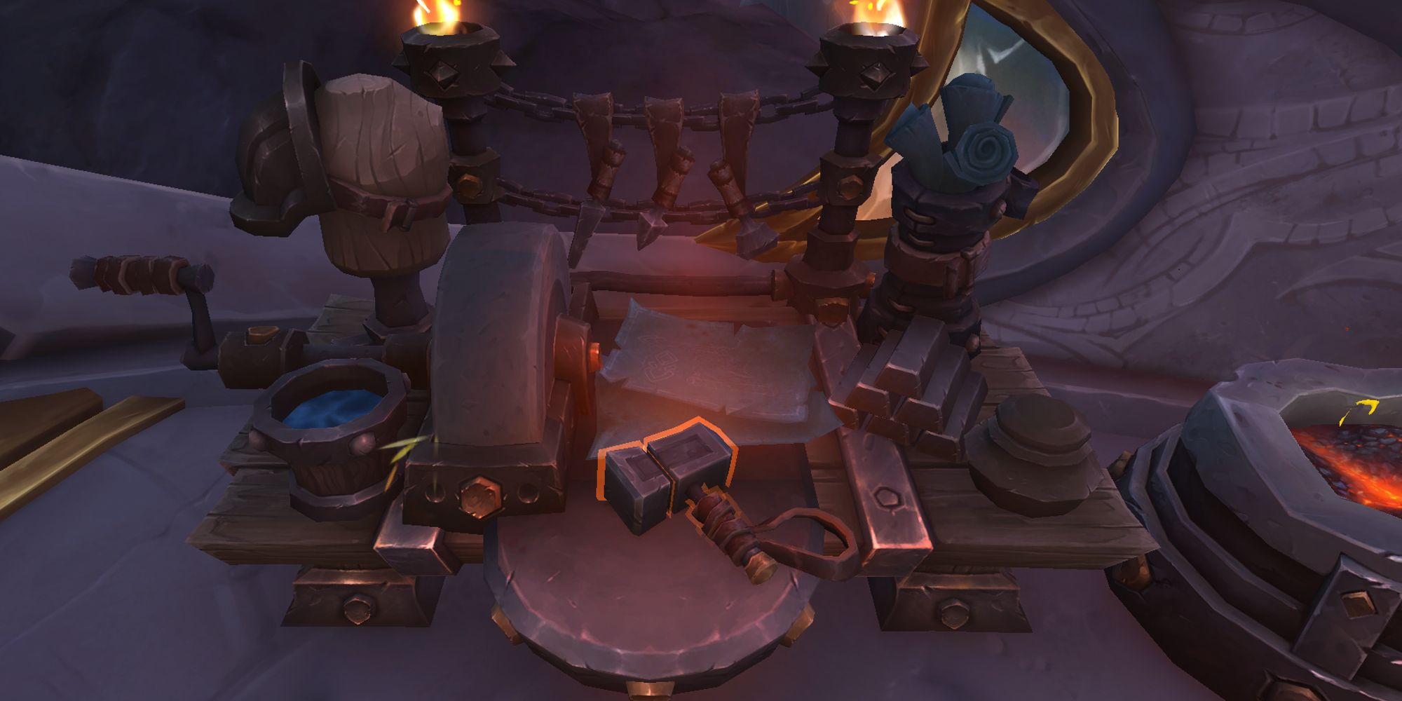 Blacksmith workbench as seen in Valdrakken in World of Warcraft Dragonflight