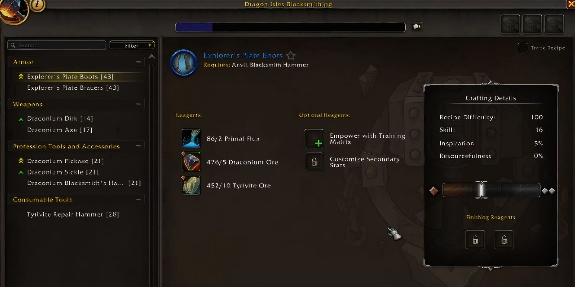 Blacksmithing new UI in World of Warcraft Dragonflight