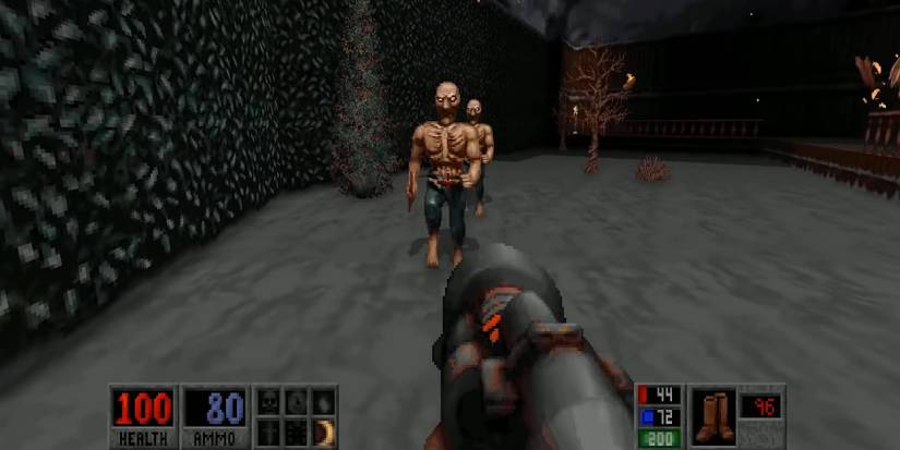 Image from the classic FPS game Blood showing the player about to fire at some zombies.