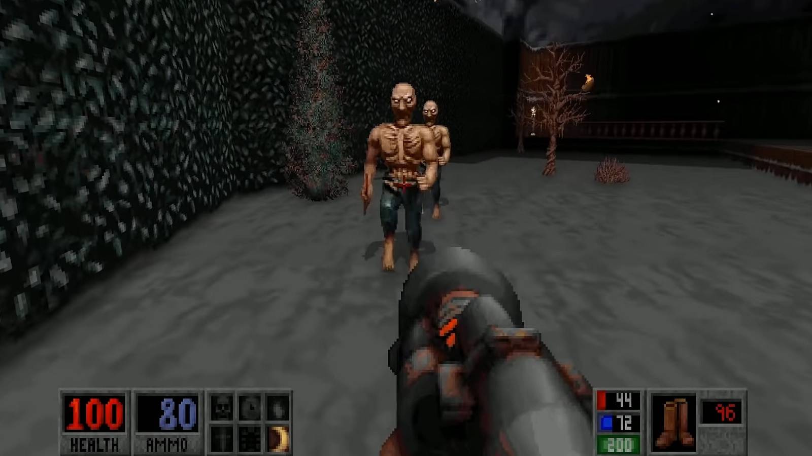 Image from the classic FPS game Blood showing the player about to fire at some zombies.