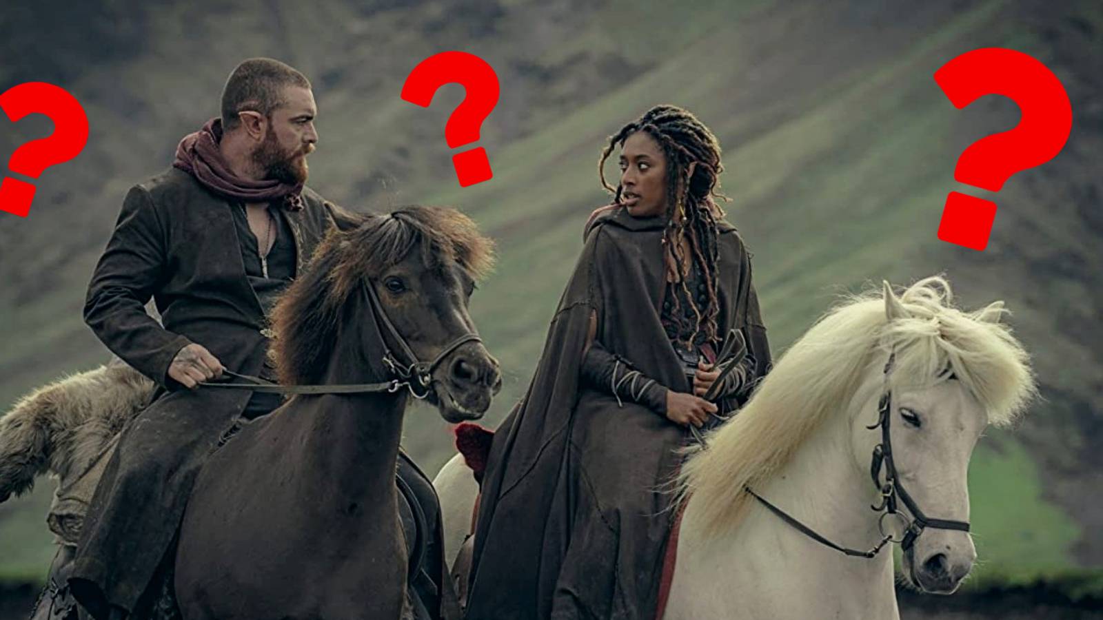  Fjall and Éile riding horses in The Witcher: Blood Origin with question marks