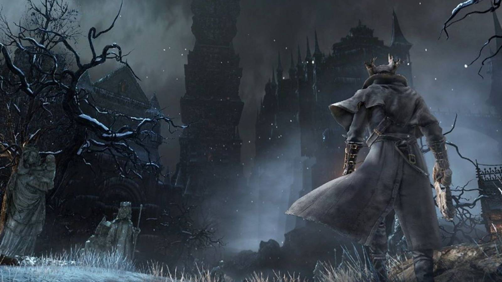 The Hunter standing in a sinister and dark location in Bloodborne