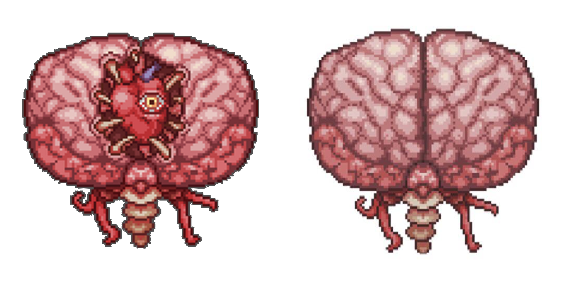 Side by side comparison of the Brain of Cthulhu's phases from Terraria