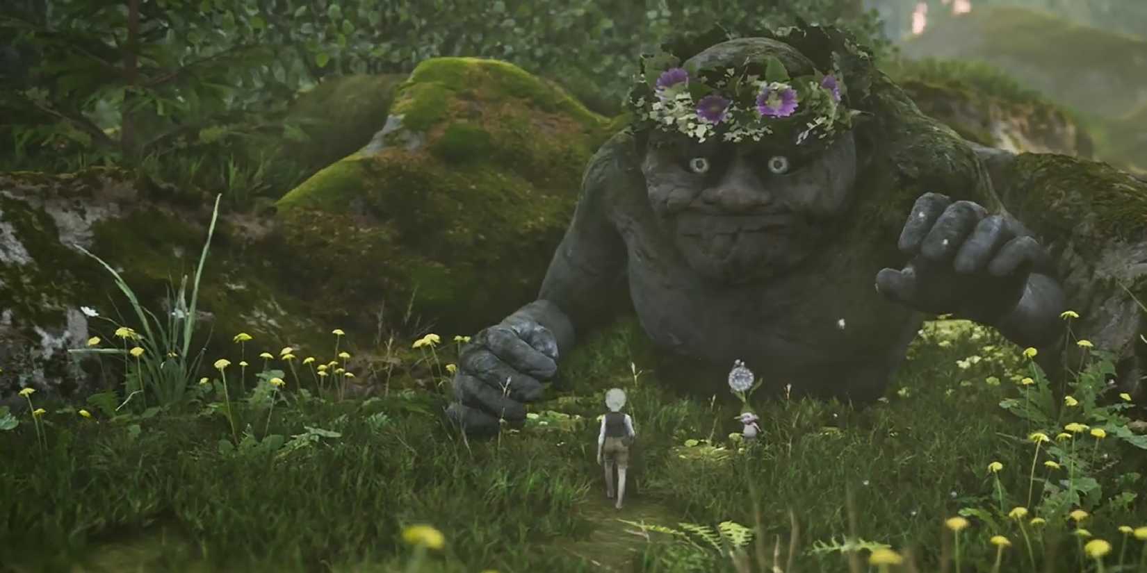 A small white-haired boy approaches a troll half-sunk into the ground. 