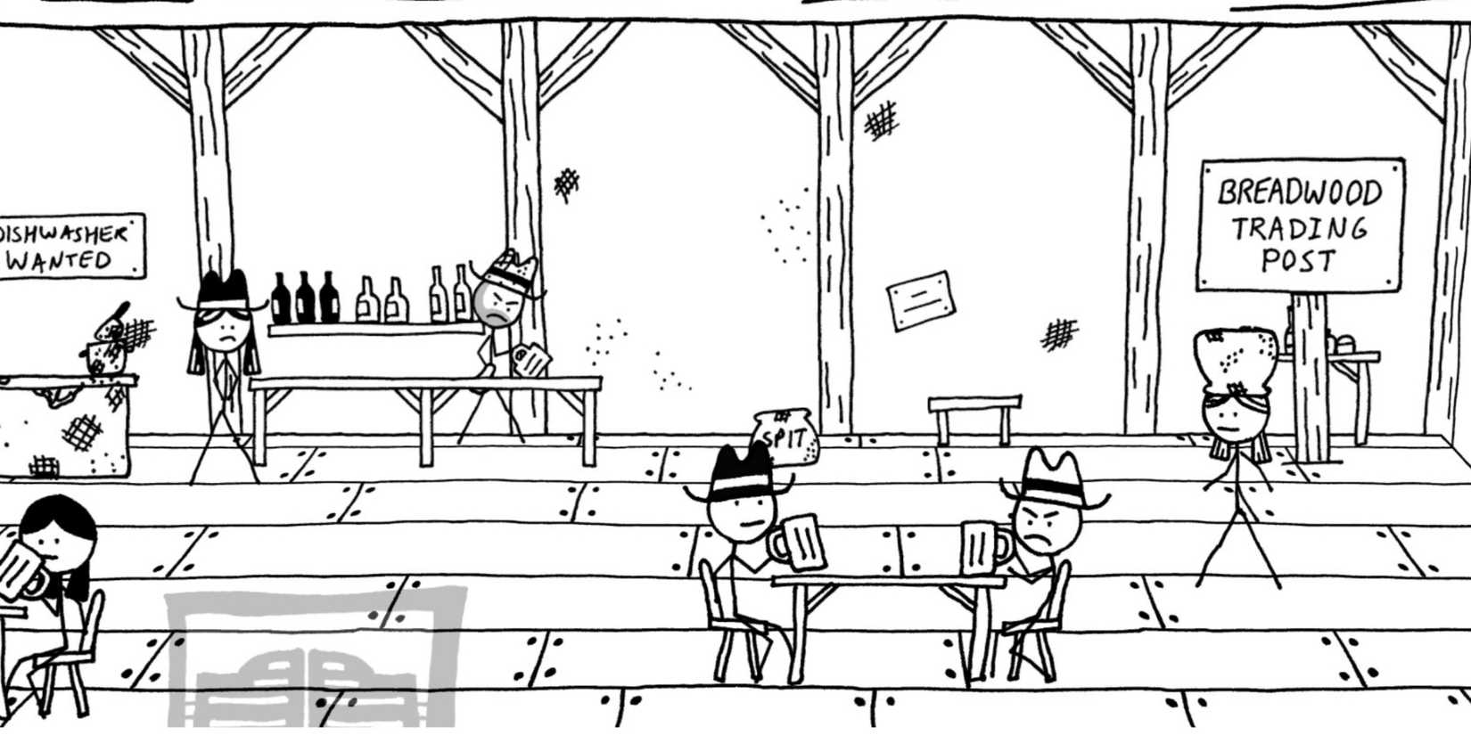Inside the Breadwood Trading Post in West of Loathing.