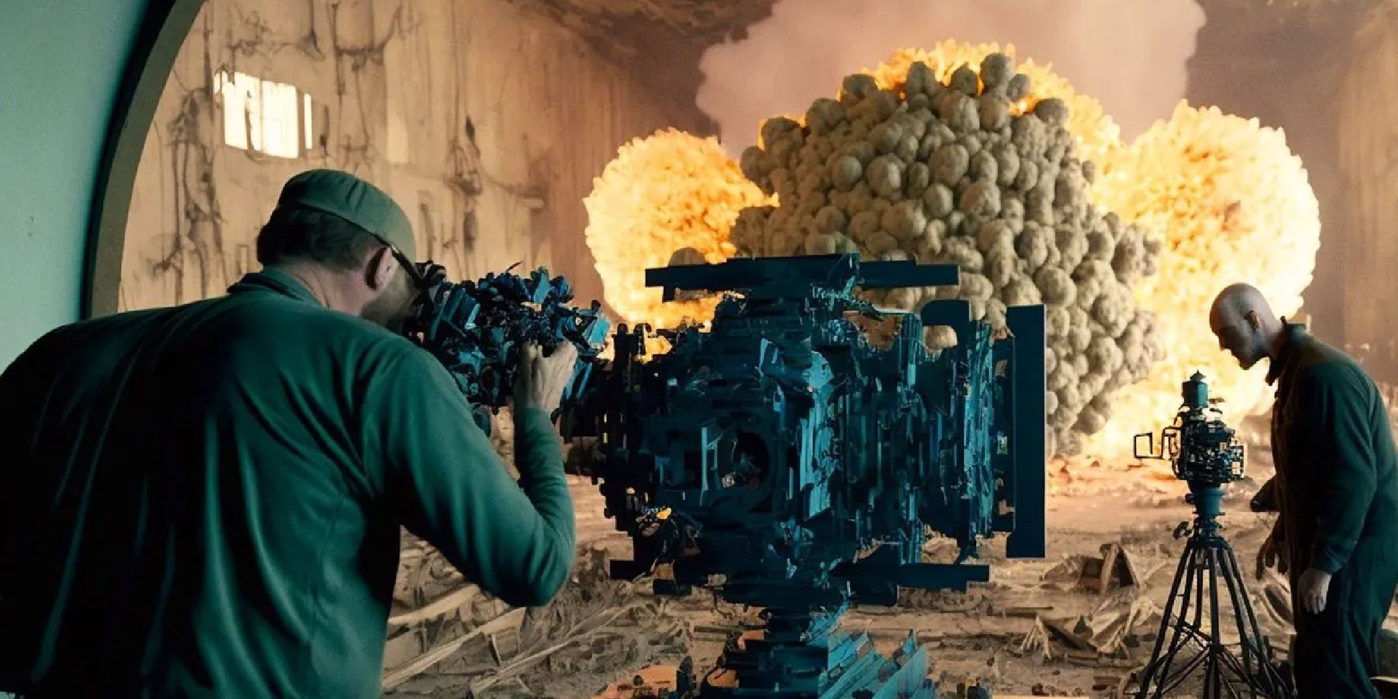 An IMAX camera shooting an explosion for Oppenheimer