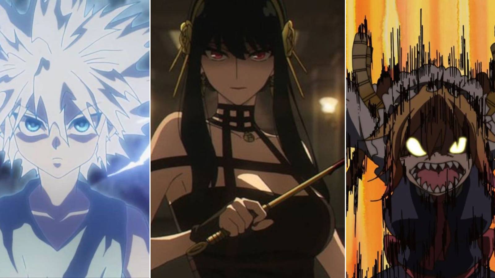 Split image of Killua Zoldyck from hunter x hunter, yor forger from spy x family, and tohru from miss kobayashi's dragon maid