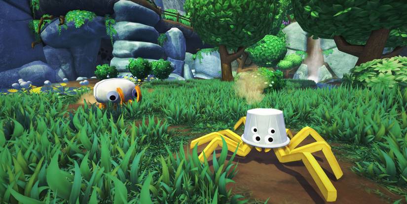 Two food-themed creatures stalk through a grassy landscape in Bugsnax