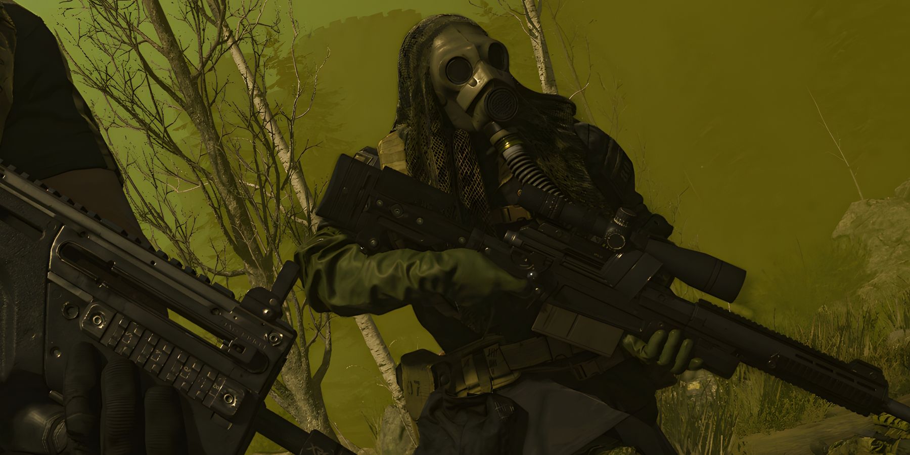 Screenshot of a Call of Duty Warzone 2 player wearing a gas mask outside the circle
