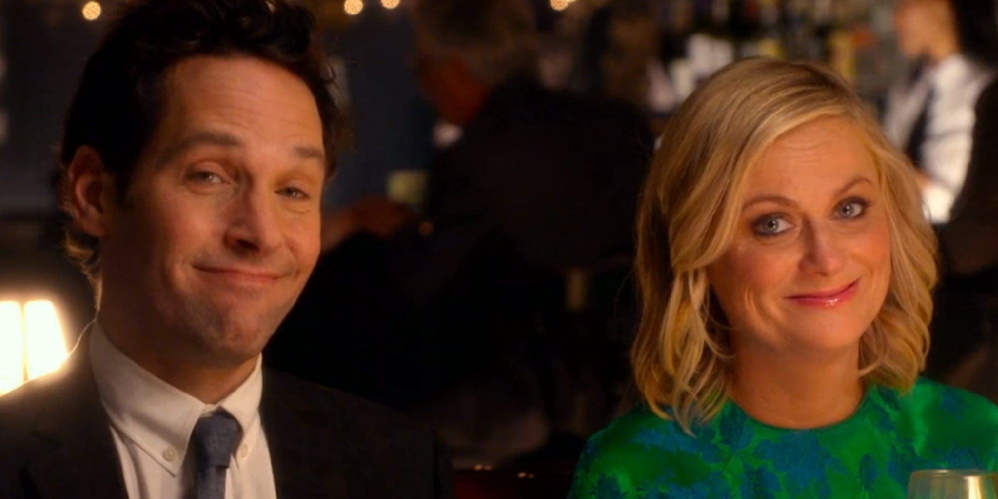 Paul Rudd and Amy Poehler looking at the camera in They Came Together
