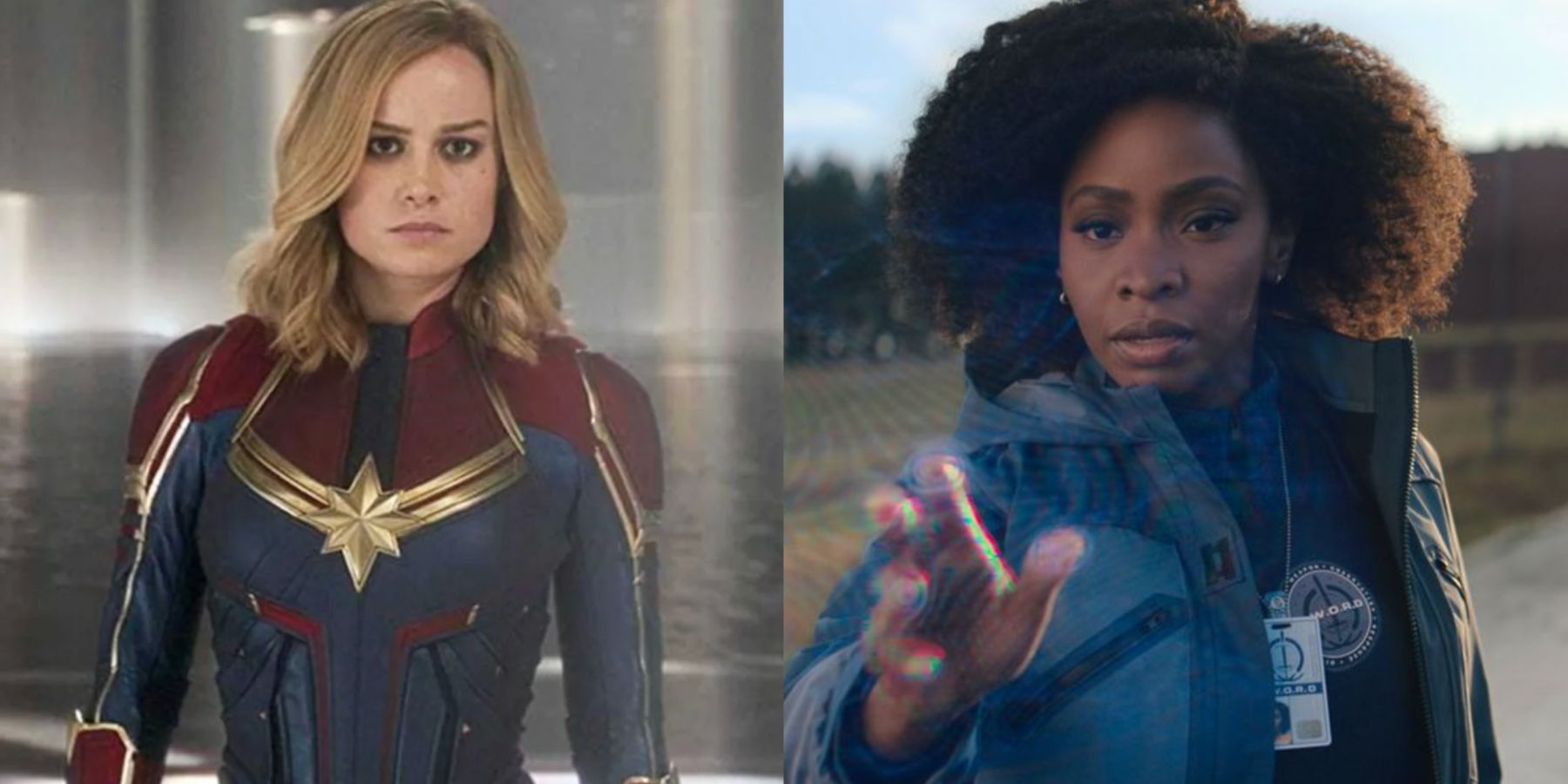 A split image features Carol Danvers and Monica Rambeau in the Marvel Cinematic Universe