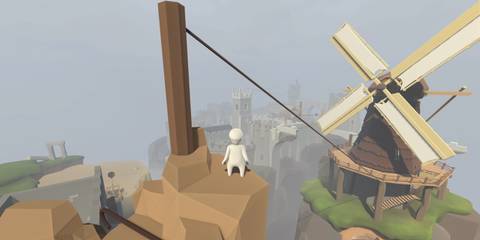 A human staring at a giant windmill with a zipline going towards it in Human Fall Flat