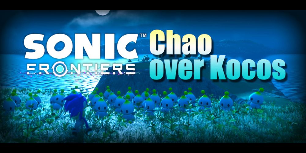 Sonic with a bunch of sky-blue chao in the grass by the ocean at night. Image source: gamebanana.com. The text reads "Sonic Frontiers Chao over Koco." Image source: gamebanana.com