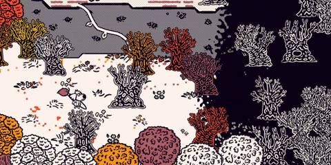 The player walking through a plain forest with few colors in Chicory: A Colorful Tale