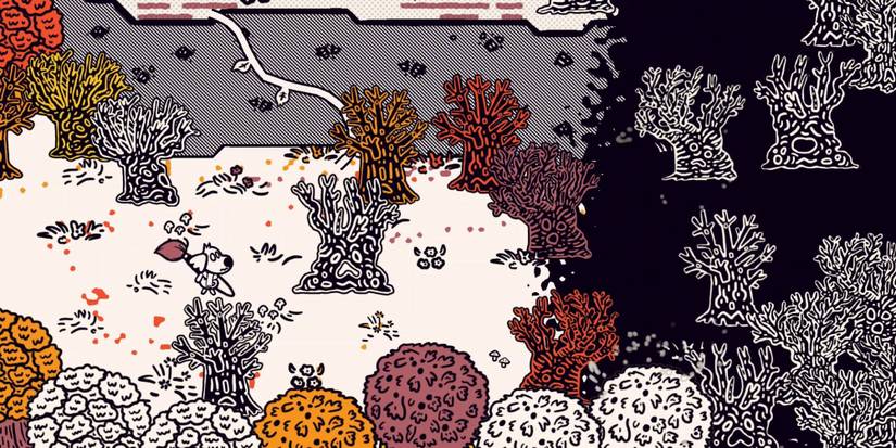 The player walking through a plain forest with few colors in Chicory: A Colorful Tale