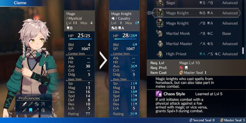 Clanne looking at the Mage Knight Class in Fire Emblem Engage