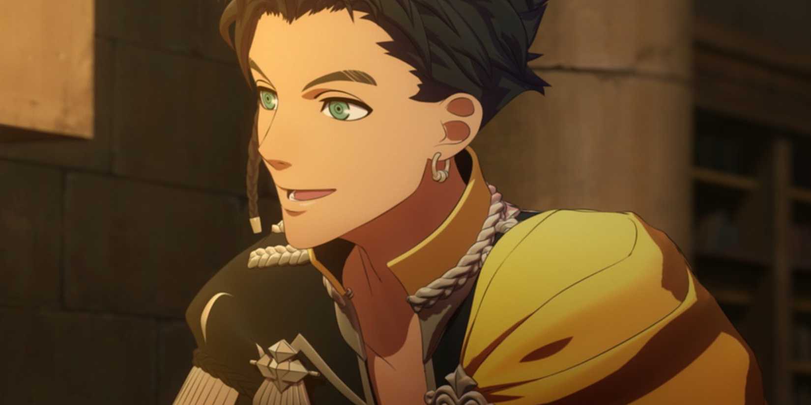 Claude von Riegan in the introduction cut scene when Byleth approaches Garreg Mach Monastery.
