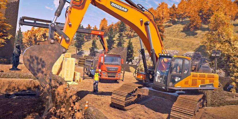 Closeup of Excavator Excavating Soil In Construction Simulator