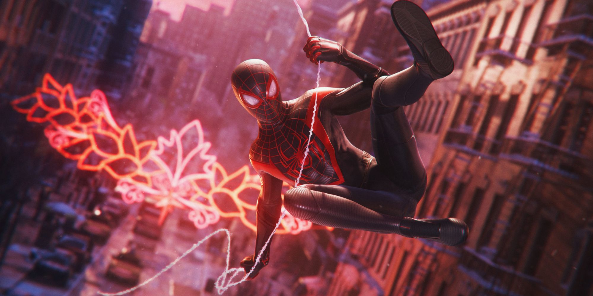 Miles in his Spider-Man suit swinging through the city