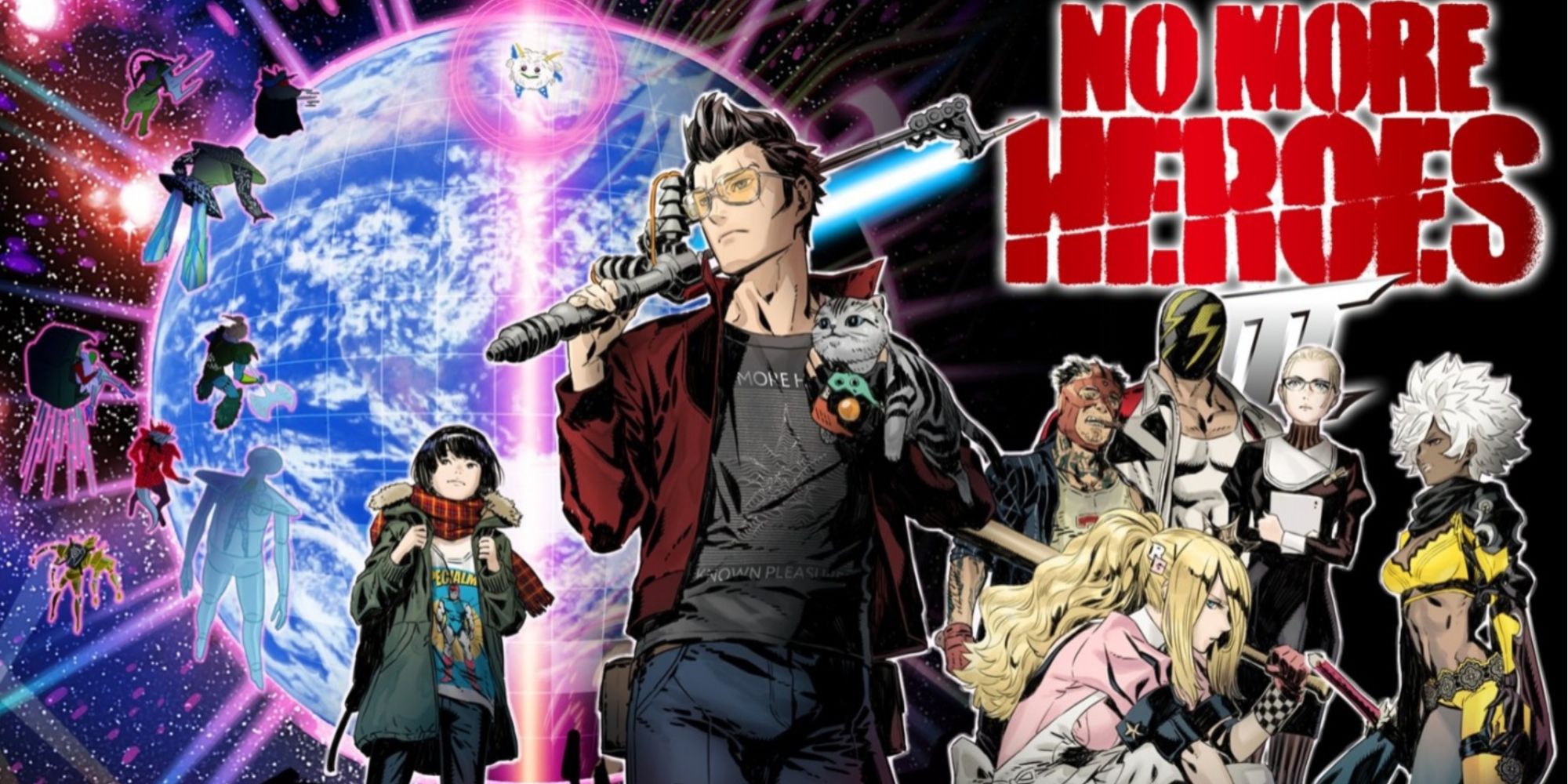 Travis Touchdown with returning characters from previous No More Heroes games