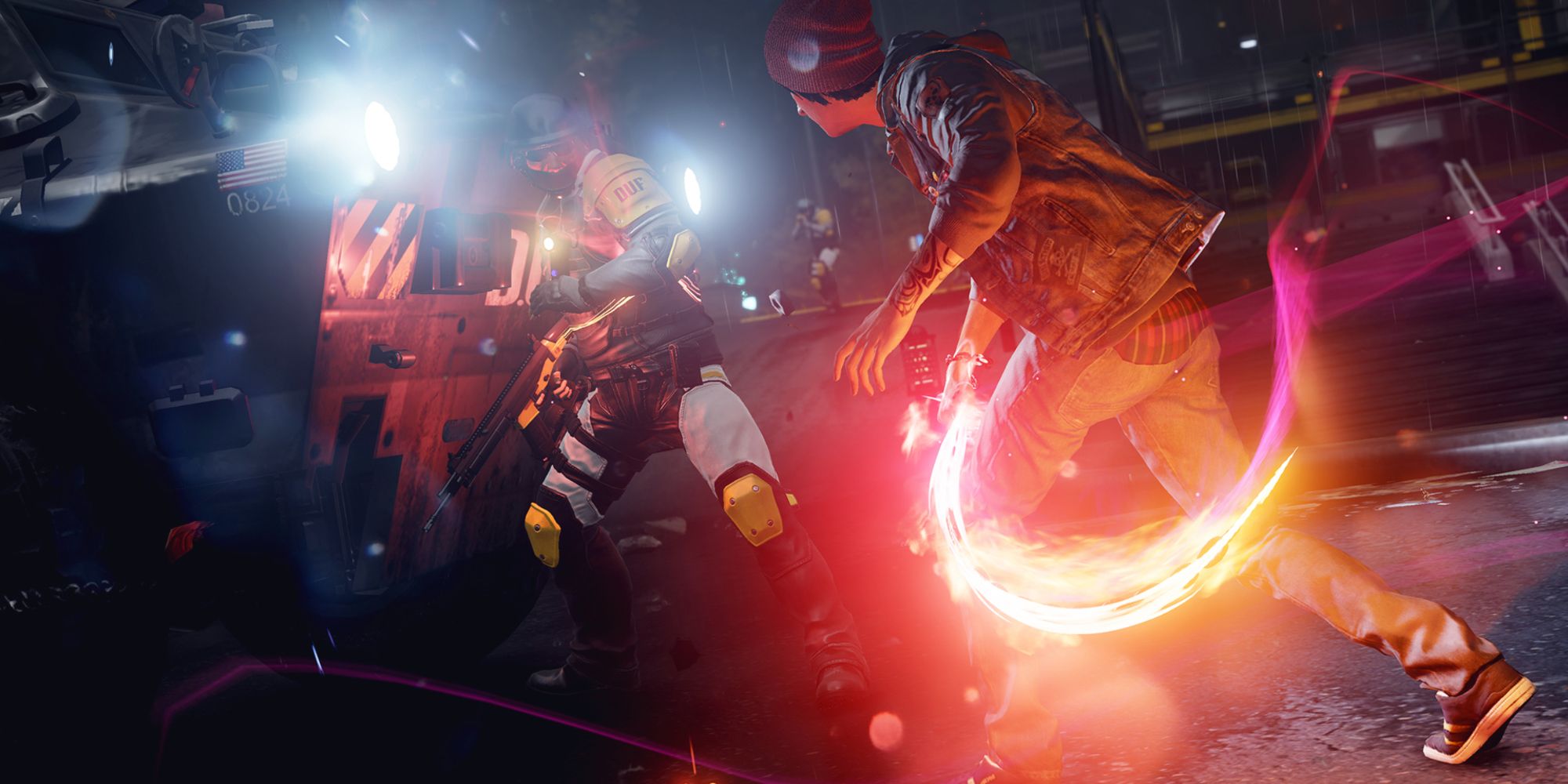 Delsin attacking law enforcement with Neon powers