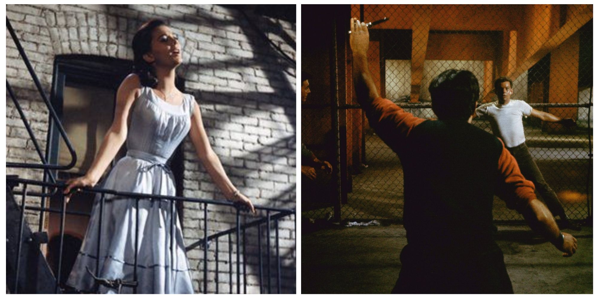 Left: Maria singing from the balcony. Right: the knife fight scene where Tony holds a knife up to the scared Bernardo.