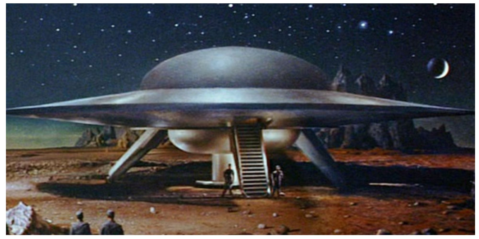 The spaceship from Forbidden Planet having landed on the landscape 
