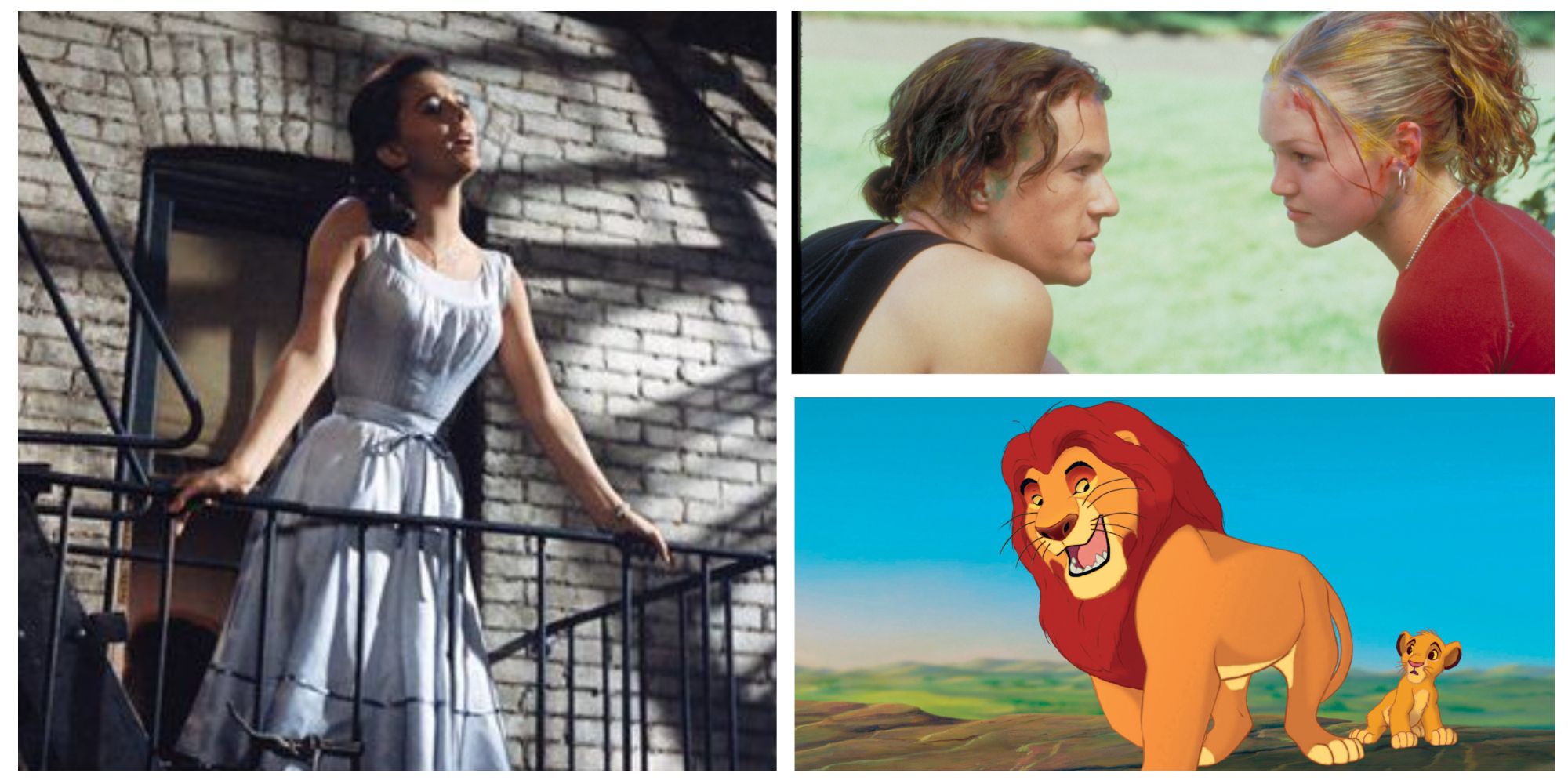 Left: Maria in West Side Story on the balcony. Top Right: Patrick and Kat in 10 Things I Hate About You. Bottom Right: Mufasa and Simba in The Lion King.