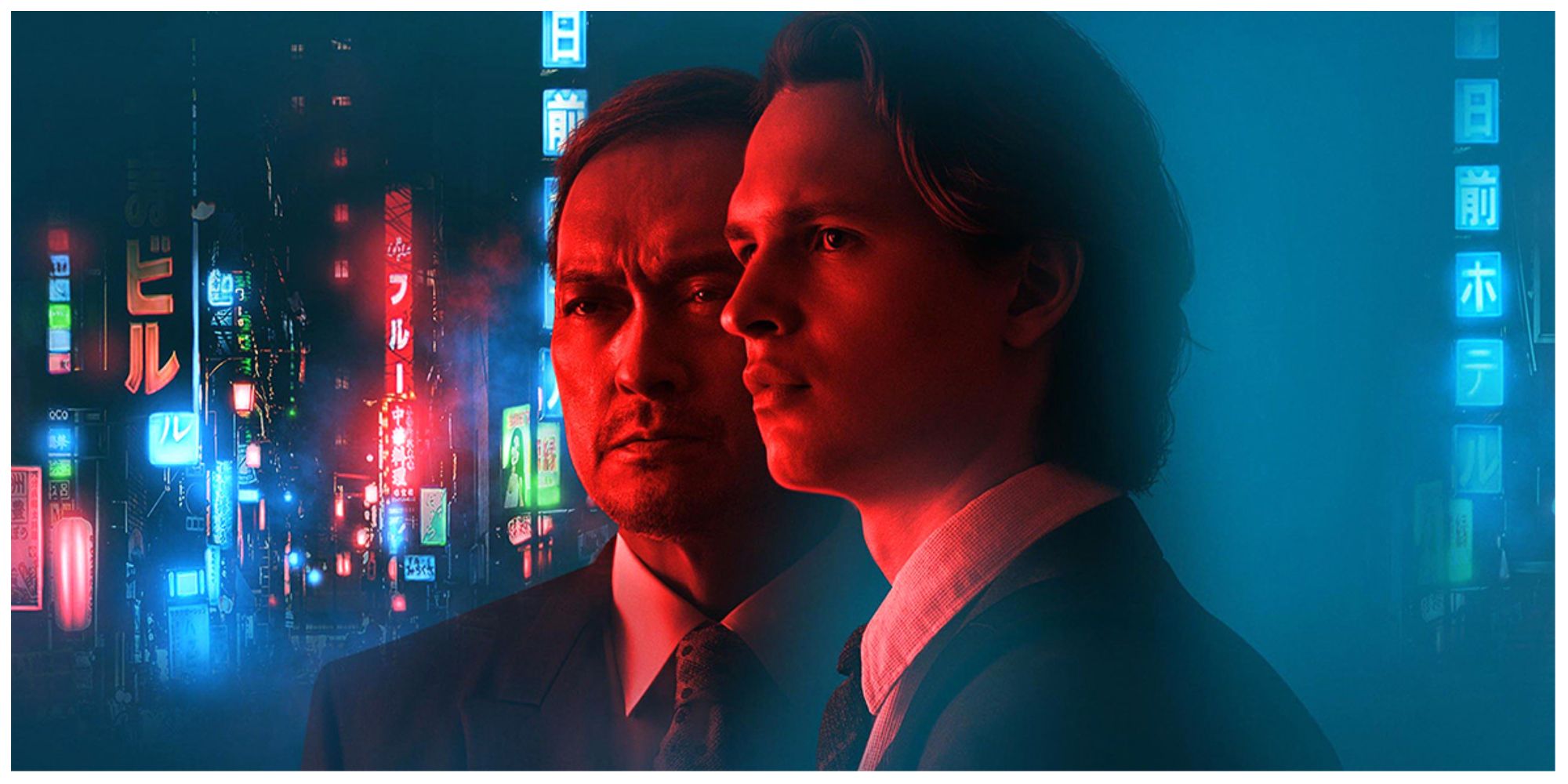 Ansel Elgort and Ken Watanabe with the streets of Tokyo in the background in Tokyo Vice