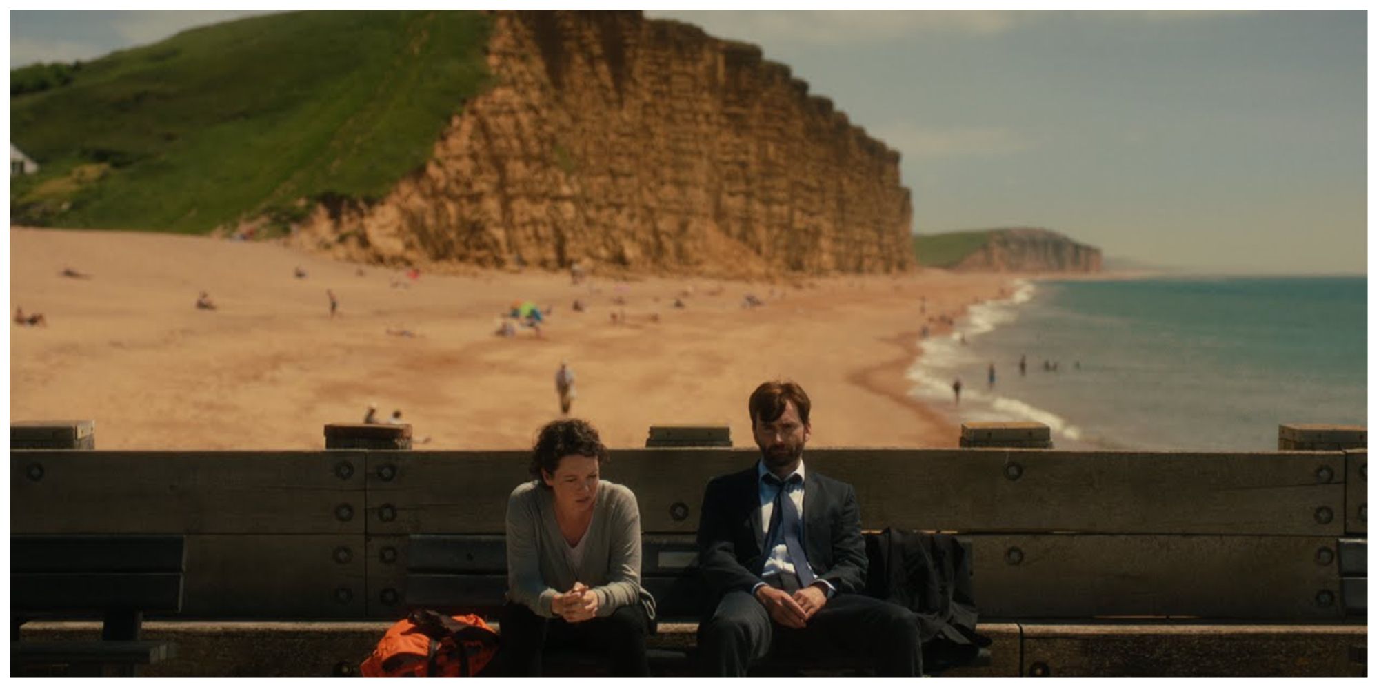Olivia Colman (left) and David Tennant in Broadchurch sat near the infamous beach