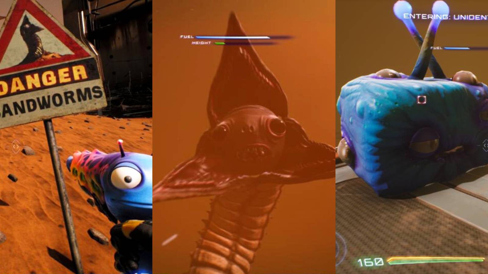 Sand worms danger sign, a sand worm, and luglox chest in the Outskirts region in High on Life