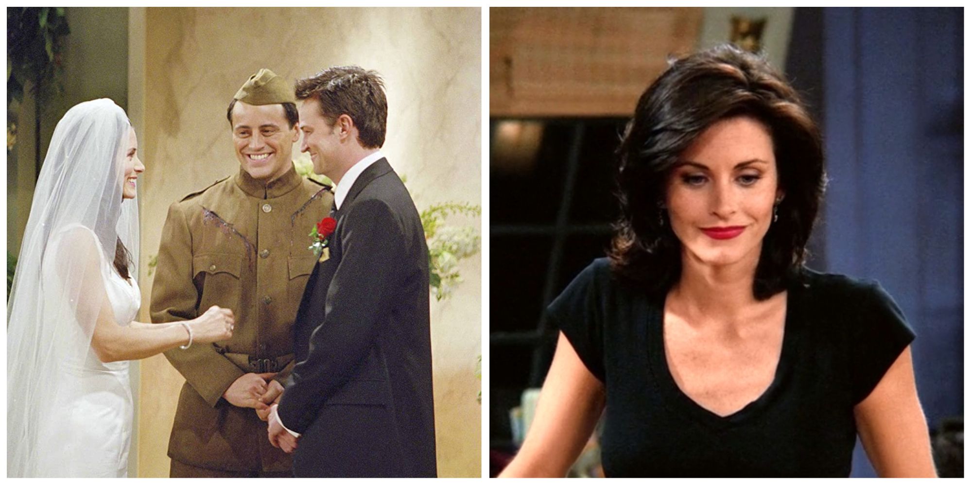 Left: Monica and Chandler getting married by Joey. Right: Monica in her apartment smiling