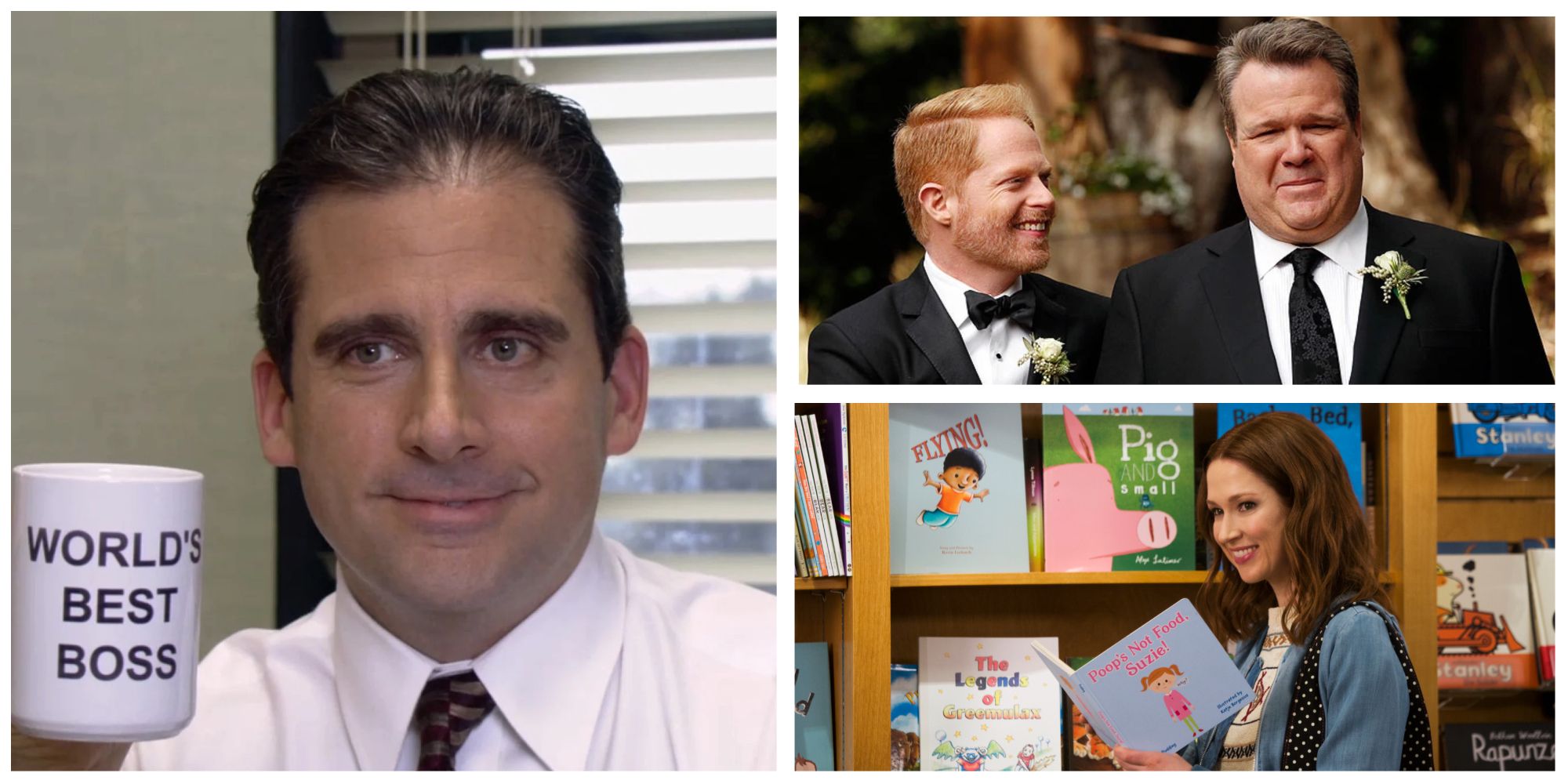 Left: Michael Scott. Top right: Cam and Mitchell from Modern Family. Bottom right: Kimmy Schmidt