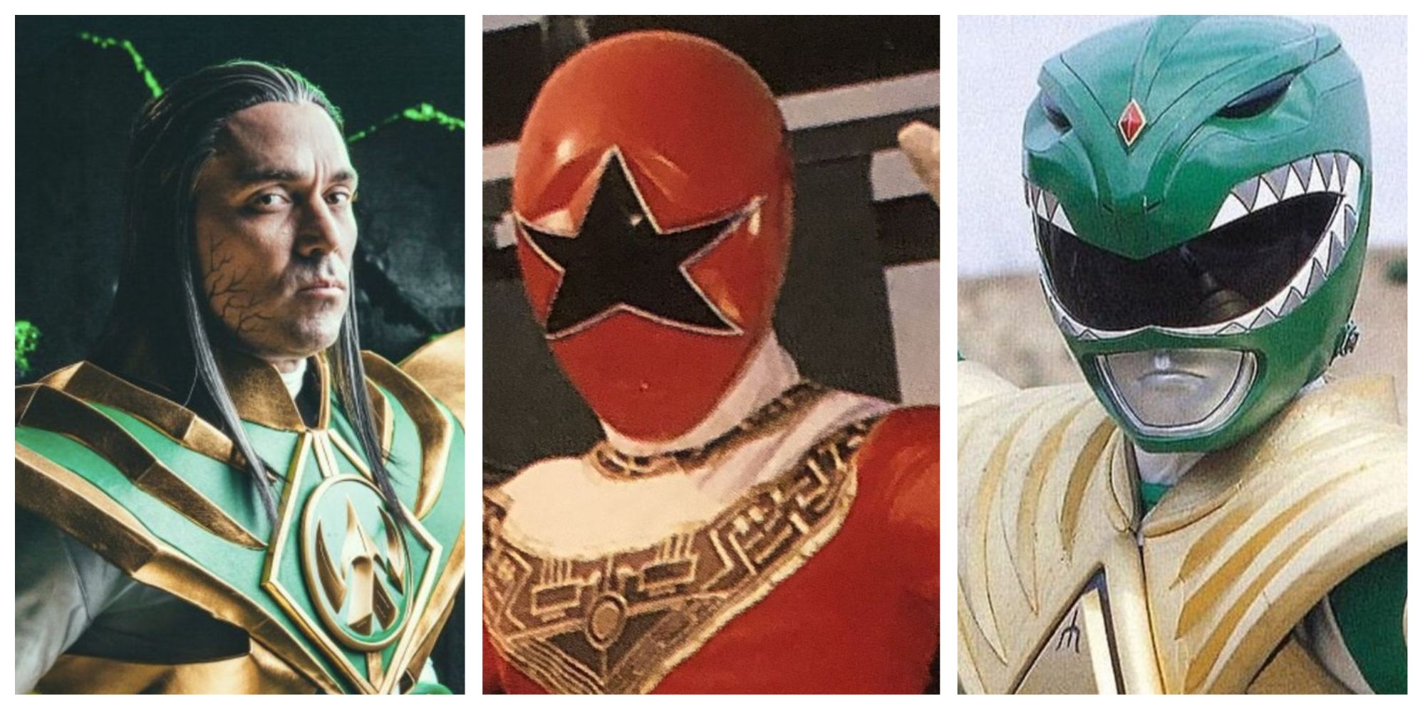 Left: Jason David Frank as Lord Drakkon. Middle: The Red Ranger from Power Rangers Zeo. Right: The Green Ranger from Mighty Morphin Power Rangers.