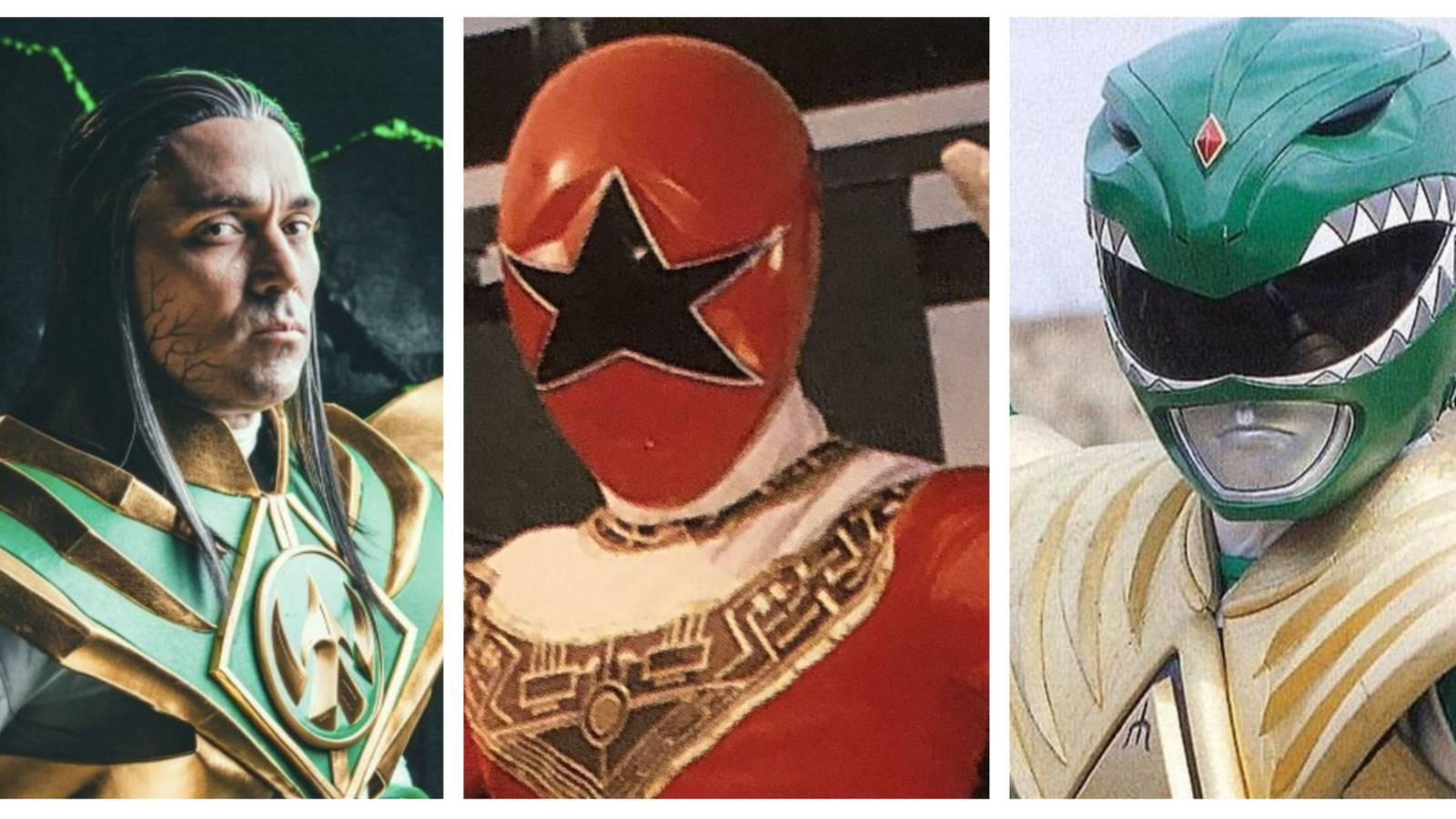 Left: Jason David Frank as Lord Drakkon. Middle: The Red Ranger from Power Rangers Zeo. Right: The Green Ranger from Mighty Morphin Power Rangers.
