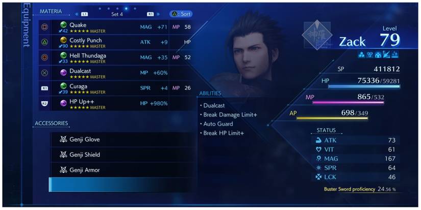 Zack's Materia and accessories in Crisis Core: Final Fantasy 7 Reunion