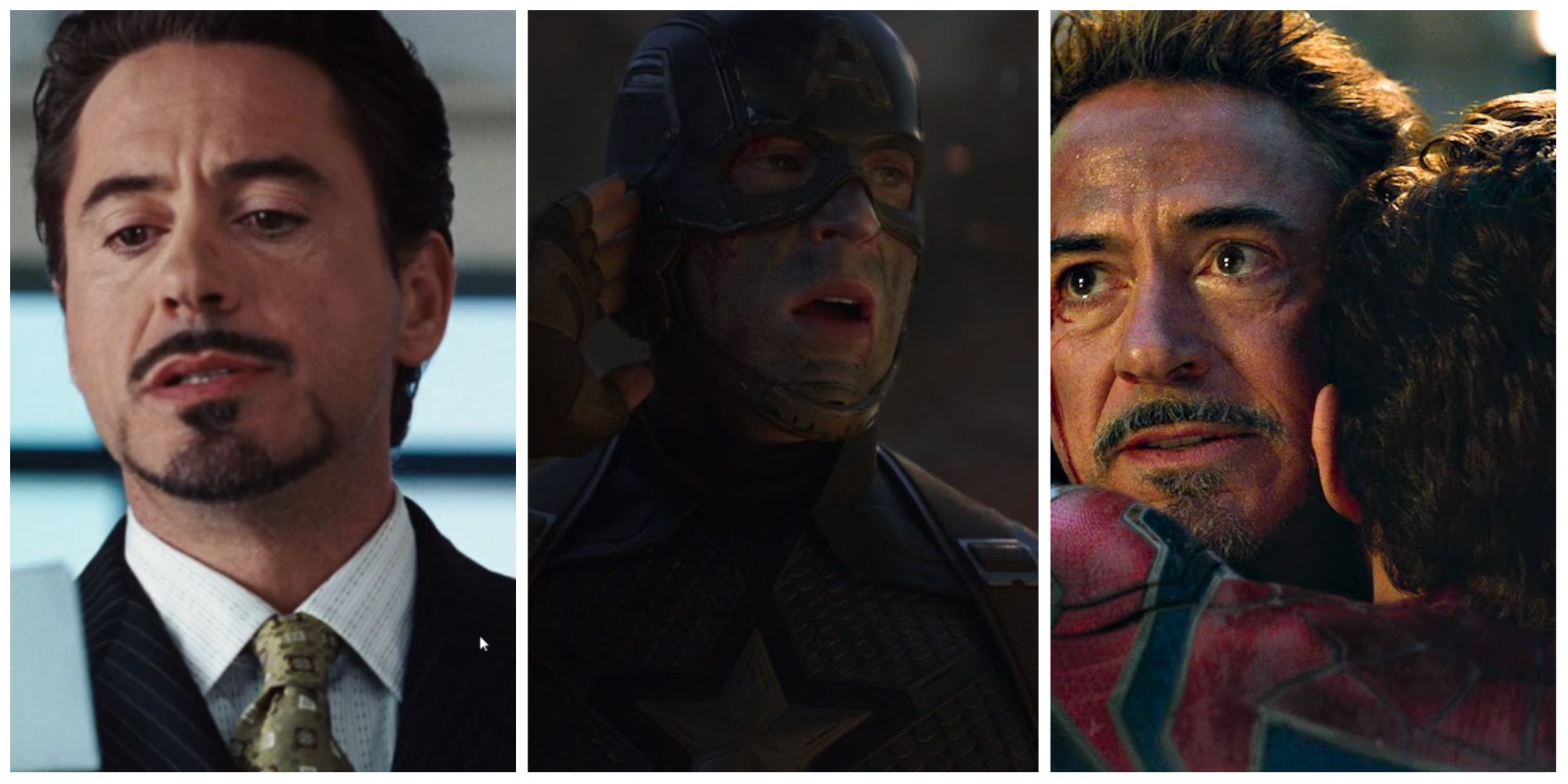 Roberty Downey Jr. as Tony Stark, Iron Man. Chris Evans as Steve Rogers, Captain America. Tom Holland as Peter Parker, Spider-Man.