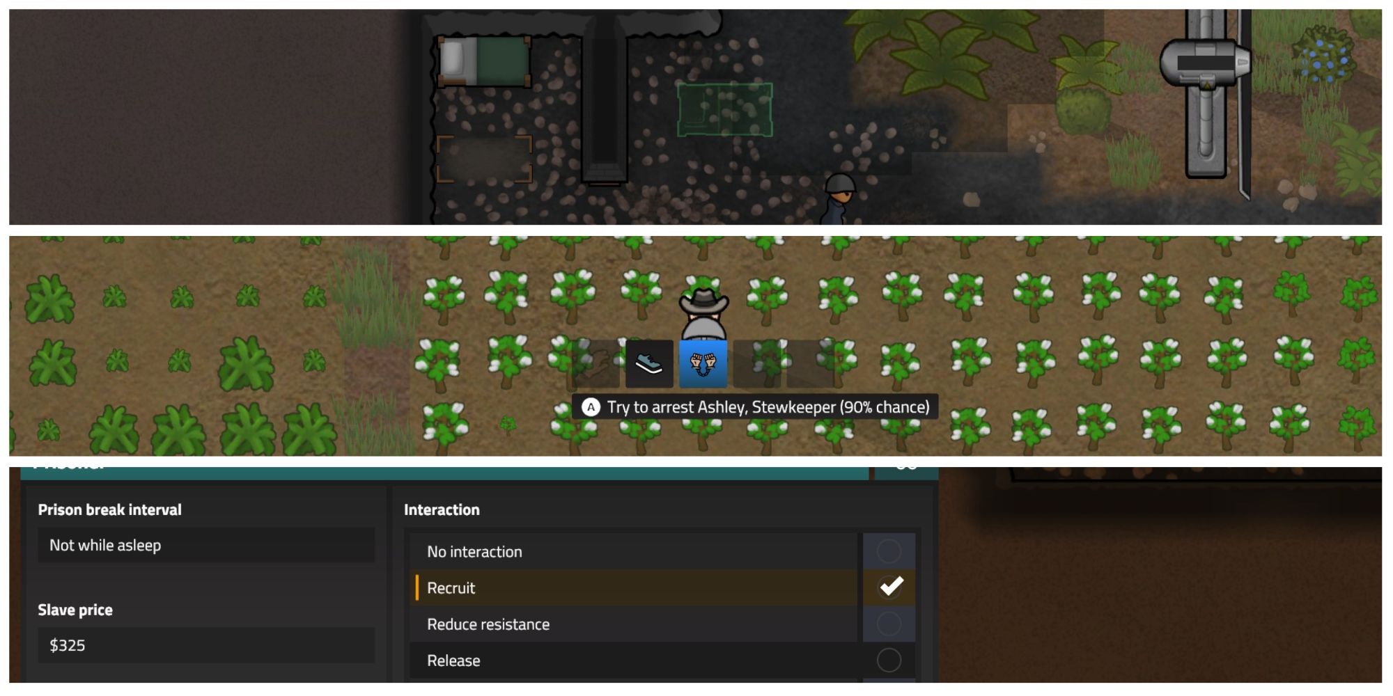 Collage of process for recruiting a prisoner on Rimworld